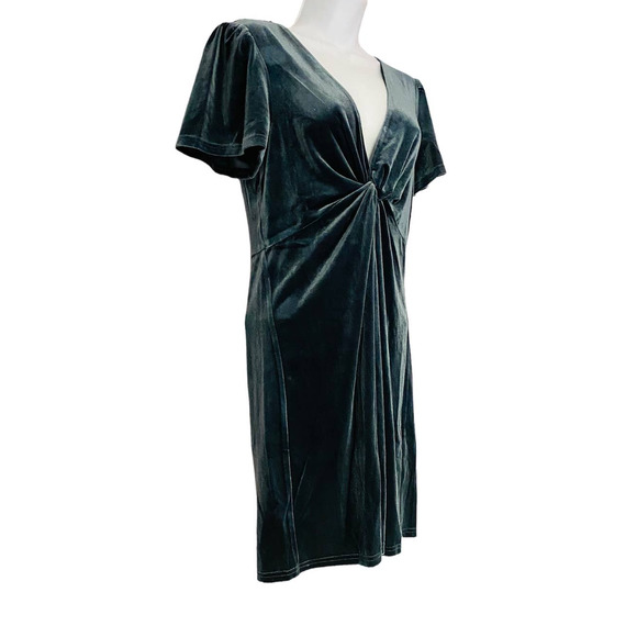 Aqua Blue-Gray Velvet Shimmer Stretch Deep V-Neck Plunge Cocktail Party Dress - Picture 3 of 13